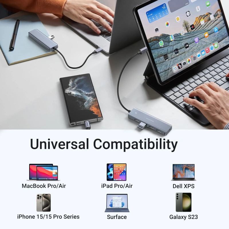 UGREEN 4-portni USB-C HUB 4xUSB-A 3.0 + USB-C power port, sivi - Slika 16