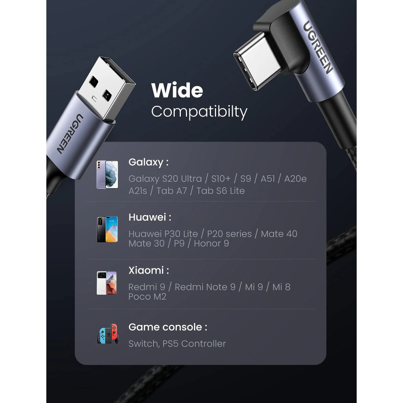 UGREEN USB-C (M) na USB-A (M), kutni 90°, 18W, 3A, pleteni kabel MFi, 1.0m - Slika 21