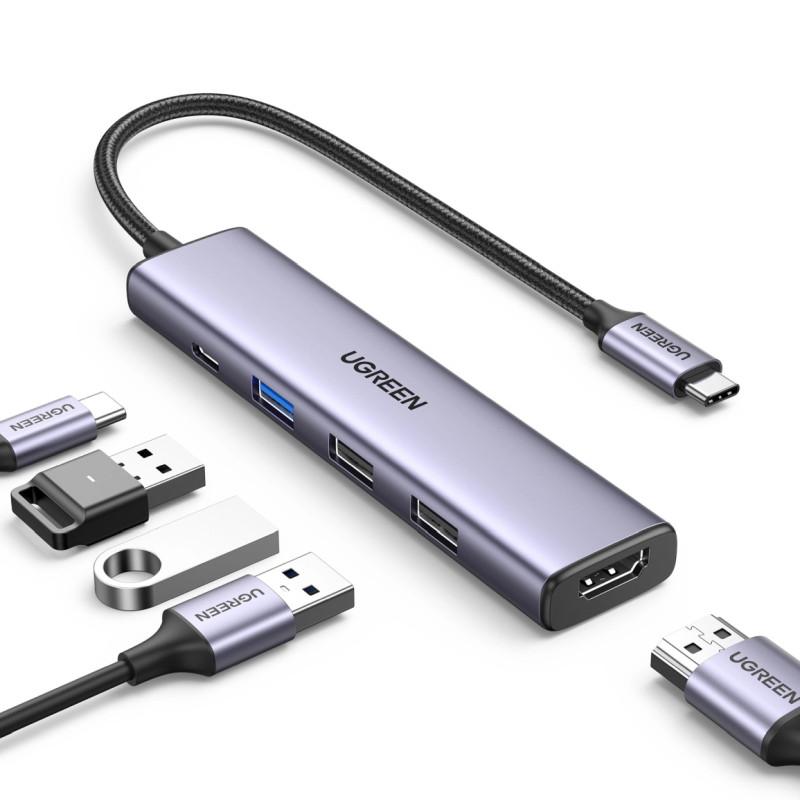 UGREEN 5-portni Revodok 105 USB-C HUB, 3xUSB-A, 1xUSB-C 100W PD, 1xHDMI 4K 30Hz, sivi - Slika 10