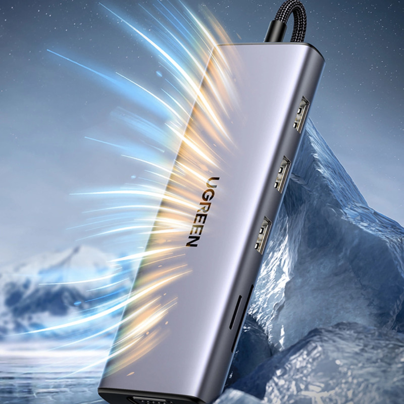 UGREEN 9-portni USB-C HUB 3xUSB-A,1xHDMI 4K 60, 1xVGA, 1xUSB-C PD 100W, 1xRJ45, 1xSD, 1xTF, sivi - Slika 21