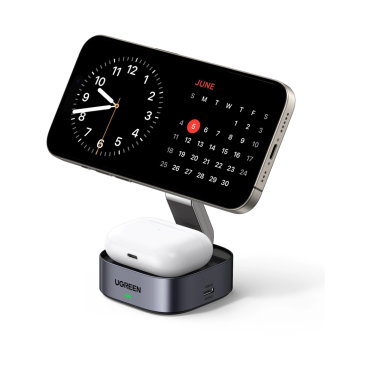 UGREEN 2in1 Qi2 Magnetic Foldable punjač, 15W, za Iphone 12-16, AirPods 3/2/Pro, sivi