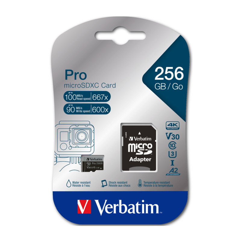 Verbatim memorijska kartica PRO Micro SDXC 256GB, U3, A2, V30, Class 10 Card + adapter - Slika 11