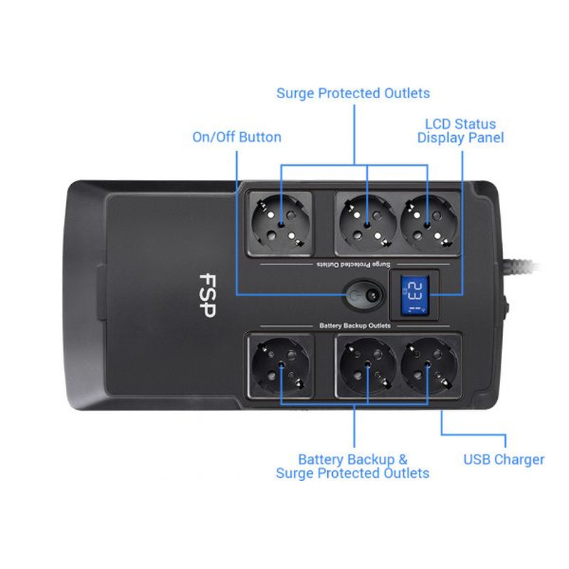 Fortron Source UPS NanoFit 800VA/480W, Offline, 2×USB, 6×Schuko, RJ45, 1×5Ah - Slika 7