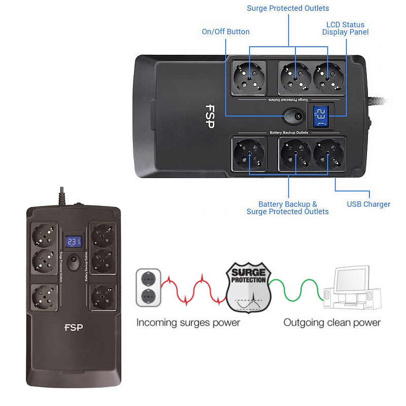 Fortron Source UPS NanoFit 800VA/480W, Offline, 2×USB, 6×Schuko, RJ45, 1×5Ah - Slika 10