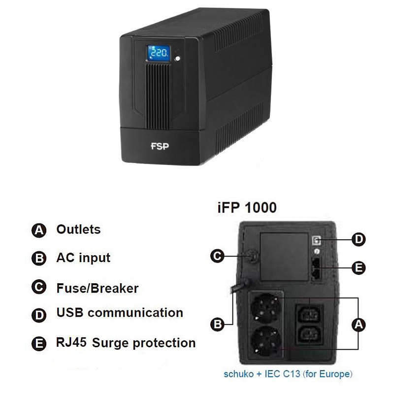 Fortron Source UPS iFP 1000VA/600W, Line-interactive, 2×Schuko, 2×IEC C13, RJ45, USB, 2×7Ah - Slika 7