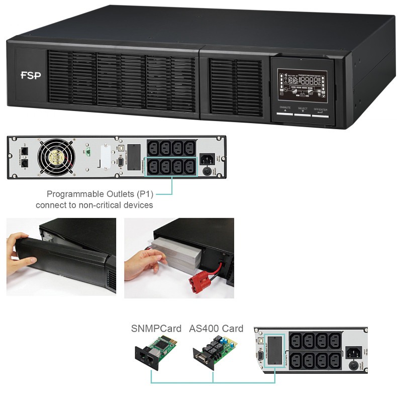 Fortron Source UPS Clippers Rack/Tower 3000VA/3000W, On-line double conversion, USB, RS-232, EPO, 8×C13, 6×9Ah, LCD - Slika 6