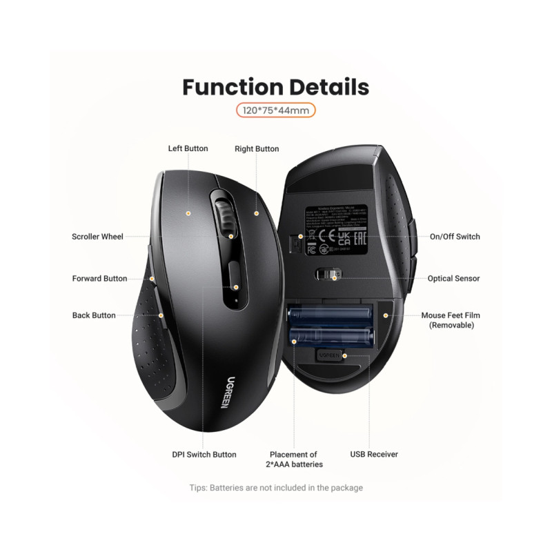 UGREEN bežični miš, 1600 DPI, USB, crni - Slika 31