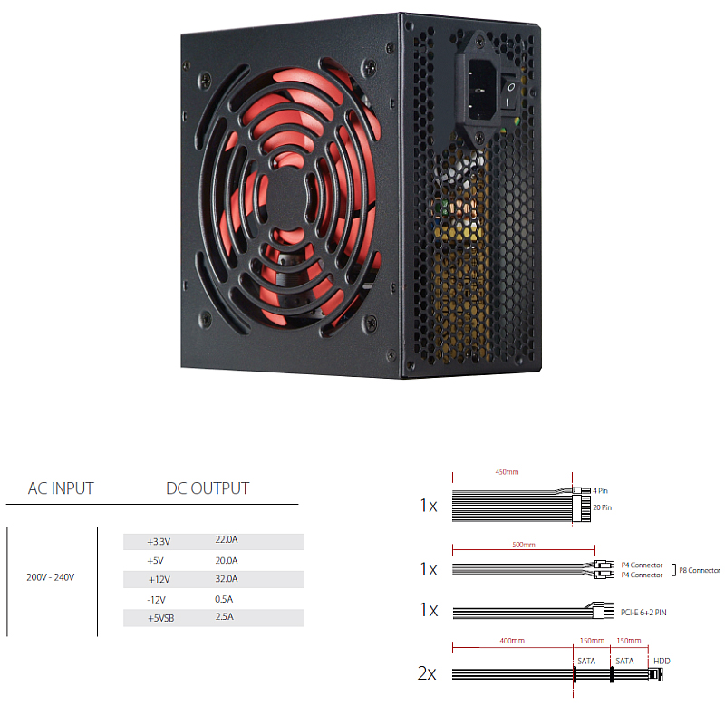 Xilence 500W RedWing R7 Edition, ATX 2.3.1, pasivan PFC, 1×PCIe, 4×SATA, 20+4-pina, 120mm ventilator, crno - Slika 4
