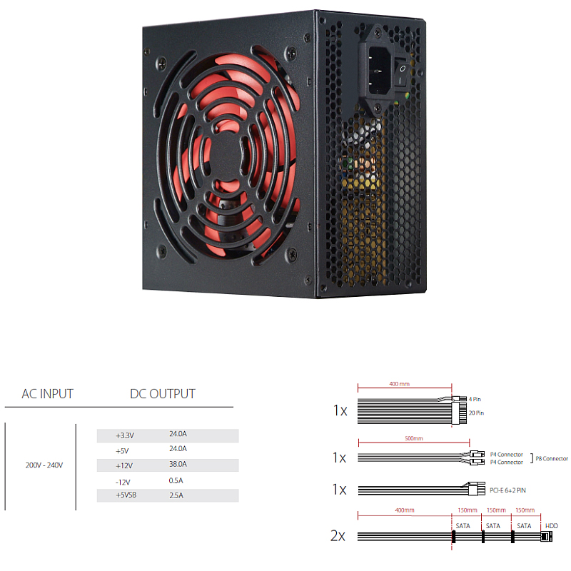 Xilence 600W RedWing R7 Edition, ATX 2.3.1, pasivan PFC, 1×PCIe, 4×SATA, 20+4-pina, 120mm ventilator, crno - Slika 4