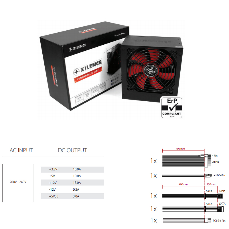 Xilence 400W Performance C, ATX 2.3.1, aktivan PFC, 1×PCIe, 3×SATA, 20+4-pina, 120mm ventilator, crno - Slika 10