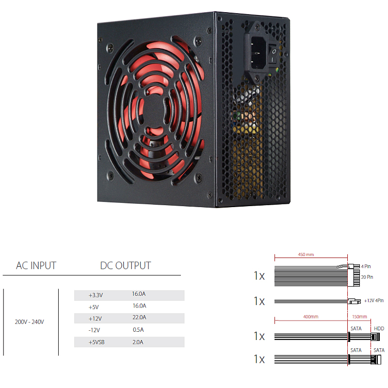 Xilence 400W RedWing R7 Edition, ATX 2.3.1, pasivan PFC, 3×SATA, 20+4-pina, 120mm ventilator, crno - Slika 4