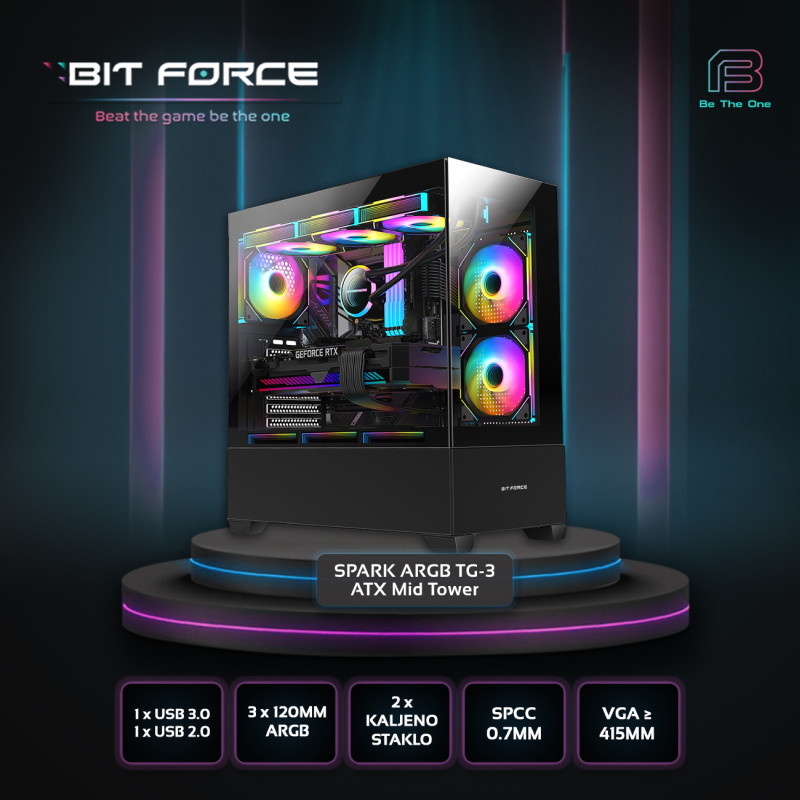 Bit Force SPARK ARGB-TG3 Midi Tower ARGB Gaming PC ATX kućište bez napajanja, crno - Slika 30