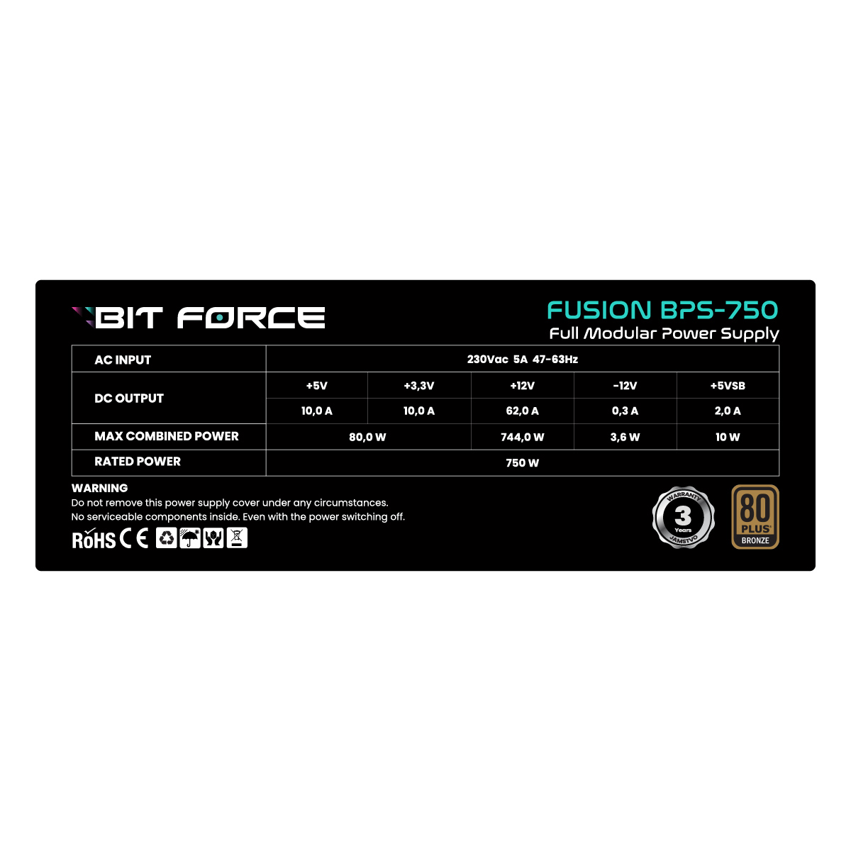 BIT FORCE napajanje 750W 80+ BRONZE FUSION BPS-750 modularno, ATX 3.1, PCI-E 5.1 - Slika 3