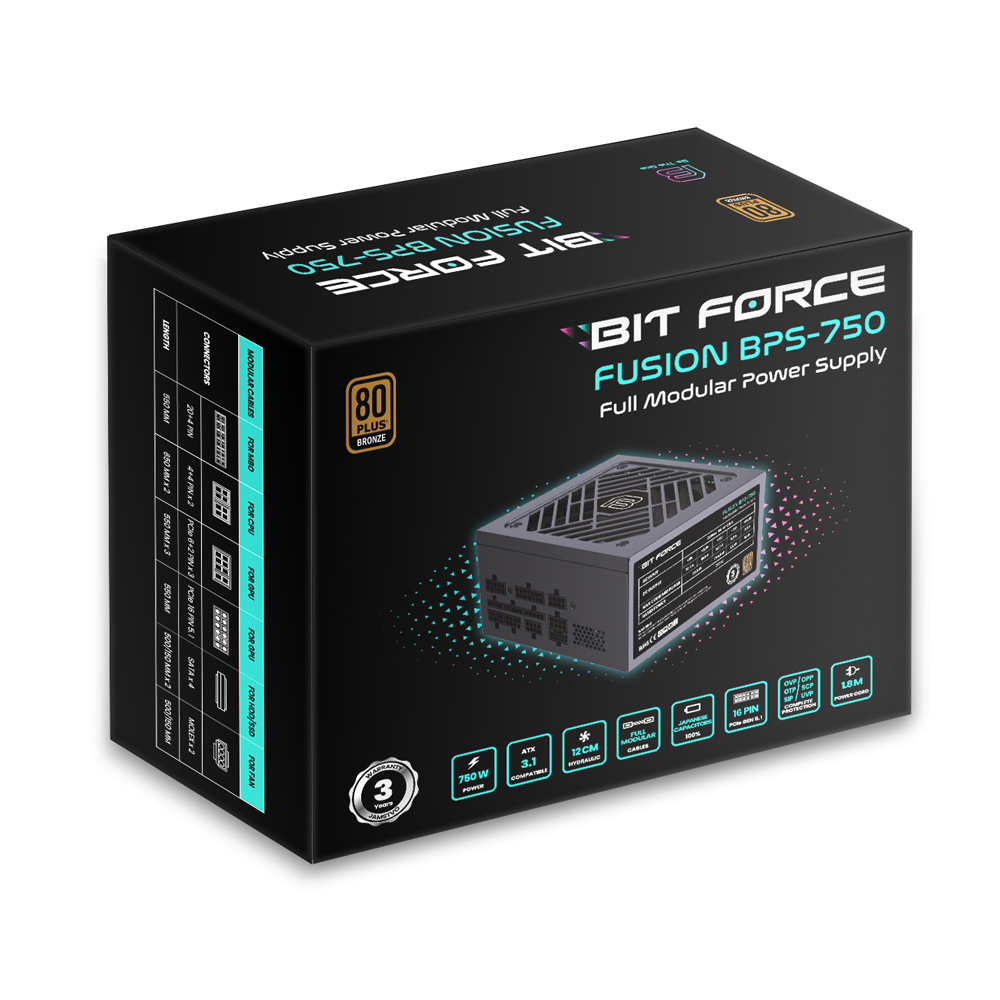BIT FORCE napajanje 750W 80+ BRONZE FUSION BPS-750 modularno, ATX 3.1, PCI-E 5.1 - Slika 2