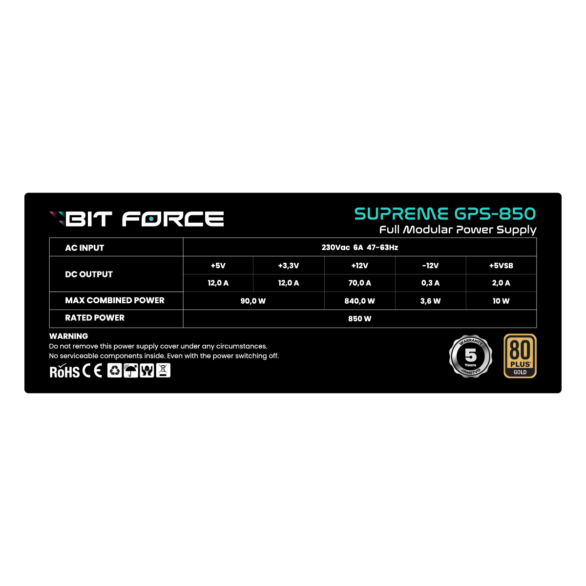 BIT FORCE napajanje 850W 80+ GOLD SUPREME GPS-850, modularno, ATX 3.1, PCI-E 5.1, FDB - Slika 3