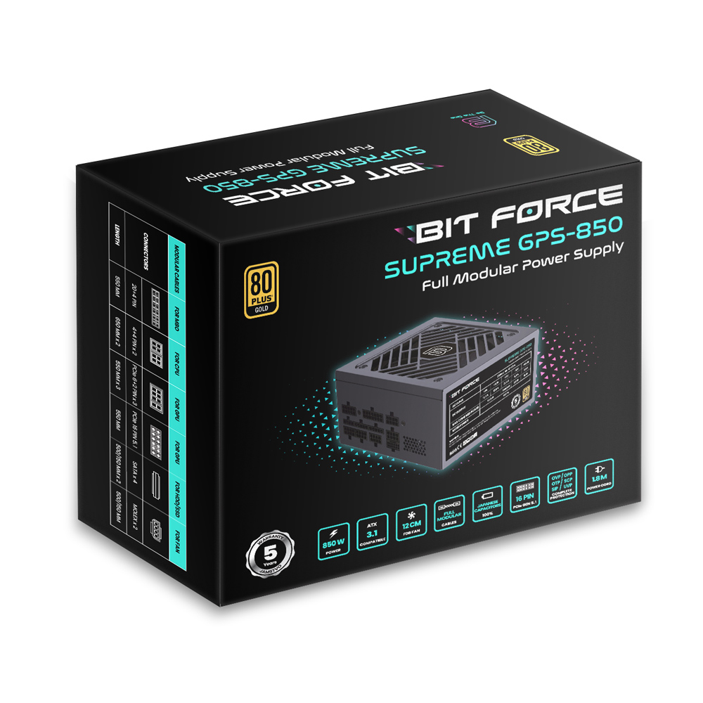 BIT FORCE napajanje 850W 80+ GOLD SUPREME GPS-850, modularno, ATX 3.1, PCI-E 5.1, FDB - Slika 2