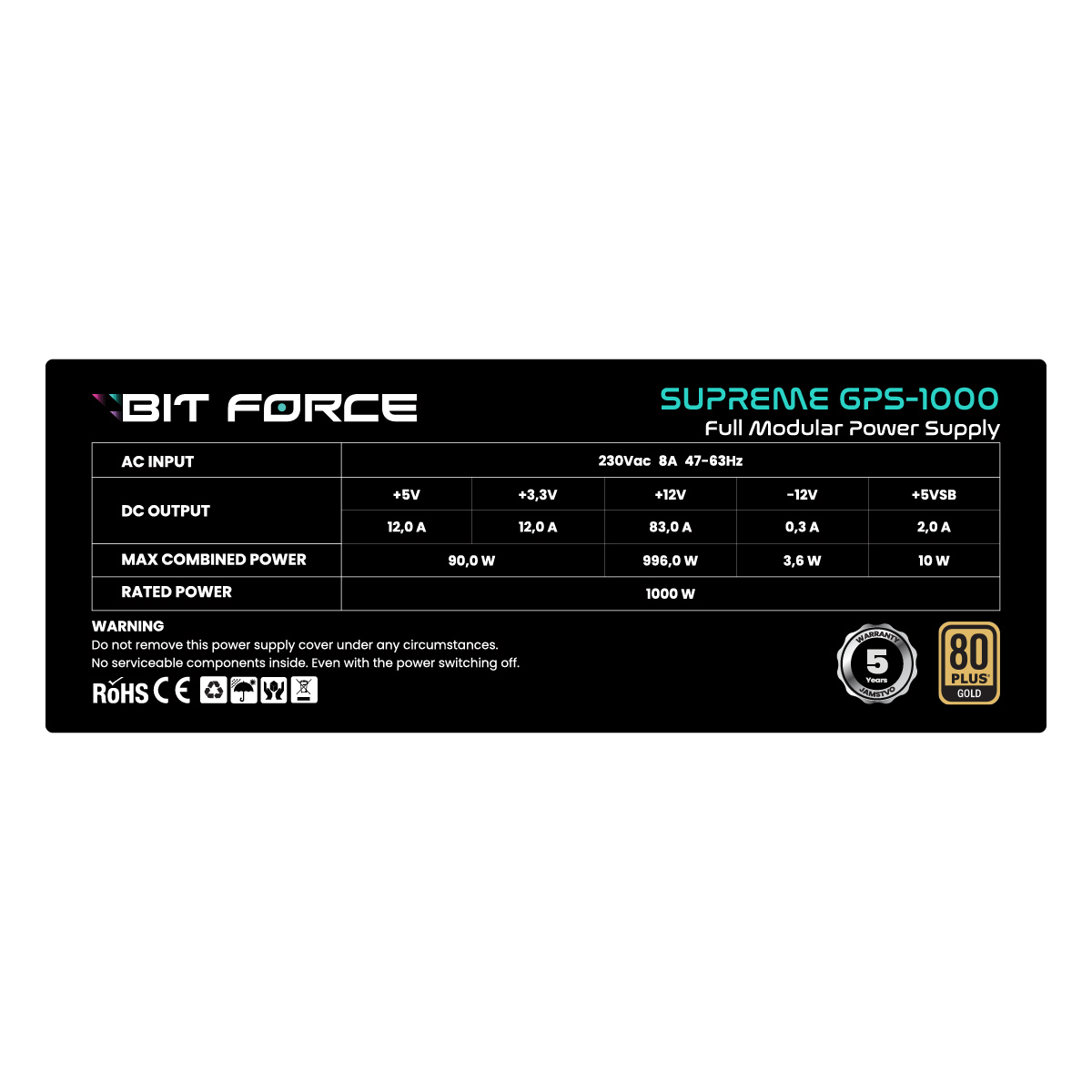 BIT FORCE napajanje 1000W 80+ GOLD SUPREME GPS-1000, modularno, ATX 3.1, PCI-E 5.1, FDB - Slika 3