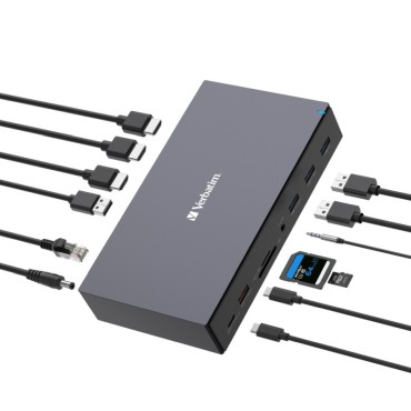 Verbatim CDS-17 portni USB-C Pro Docking Station HDMI do 8K | 2 x HDMI do 4K | 2 x DP | RJ45 | USB-A 3.2 | 2 x USB-A 3.0 | 2 x USB-A 2.0 | USB-C® 3.2 | SD | microSD | Audio | DC napajanje | USB-C Host