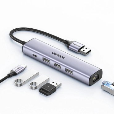 UGREEN 5-portni USB-A HUB 3xUSB-A 3.0,1×USB-C, 1×G-LAN, sivi