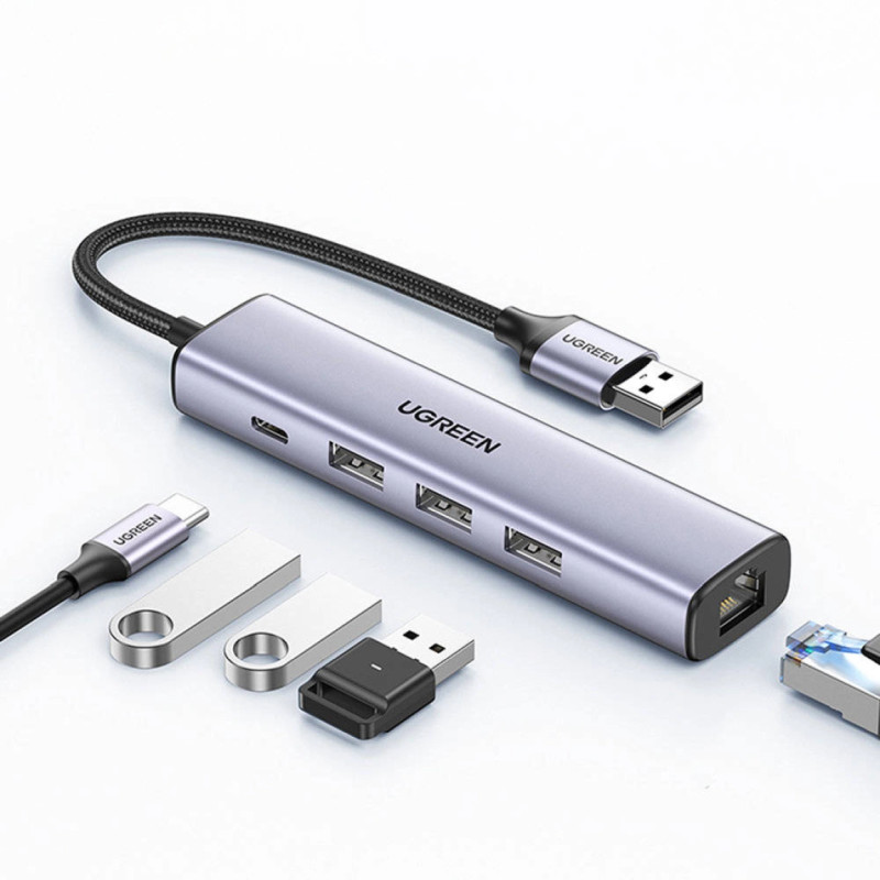 UGREEN 5-portni USB-A HUB 3xUSB-A 3.0,1×USB-C, 1×G-LAN, sivi