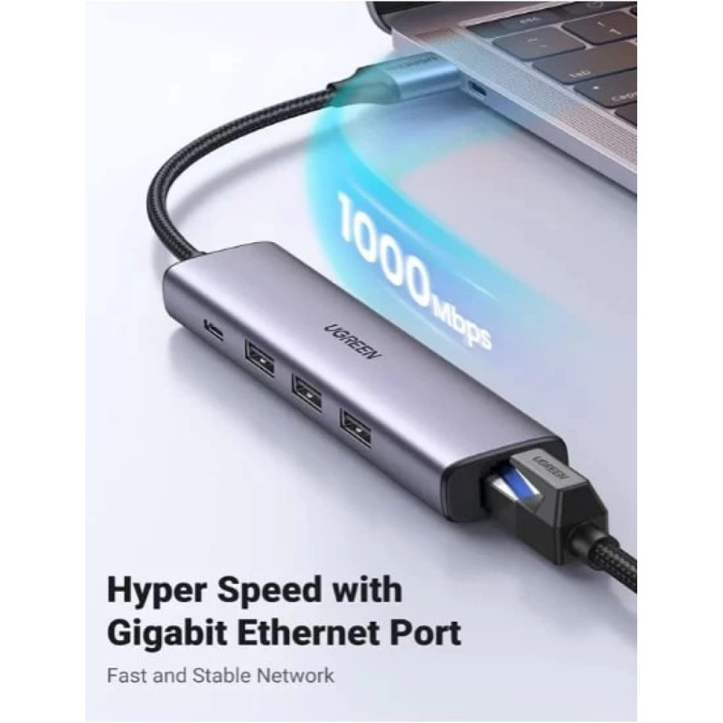 UGREEN 5-portni USB-A HUB 3xUSB-A 3.0,1×USB-C, 1×G-LAN, sivi - Slika 3