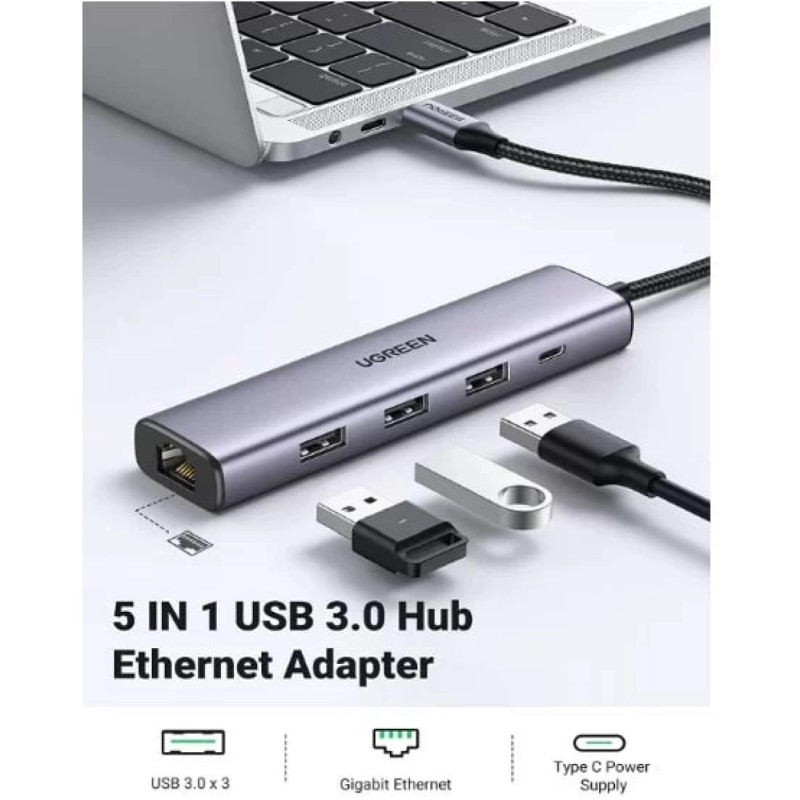 UGREEN 5-portni USB-A HUB 3xUSB-A 3.0,1×USB-C, 1×G-LAN, sivi - Slika 4